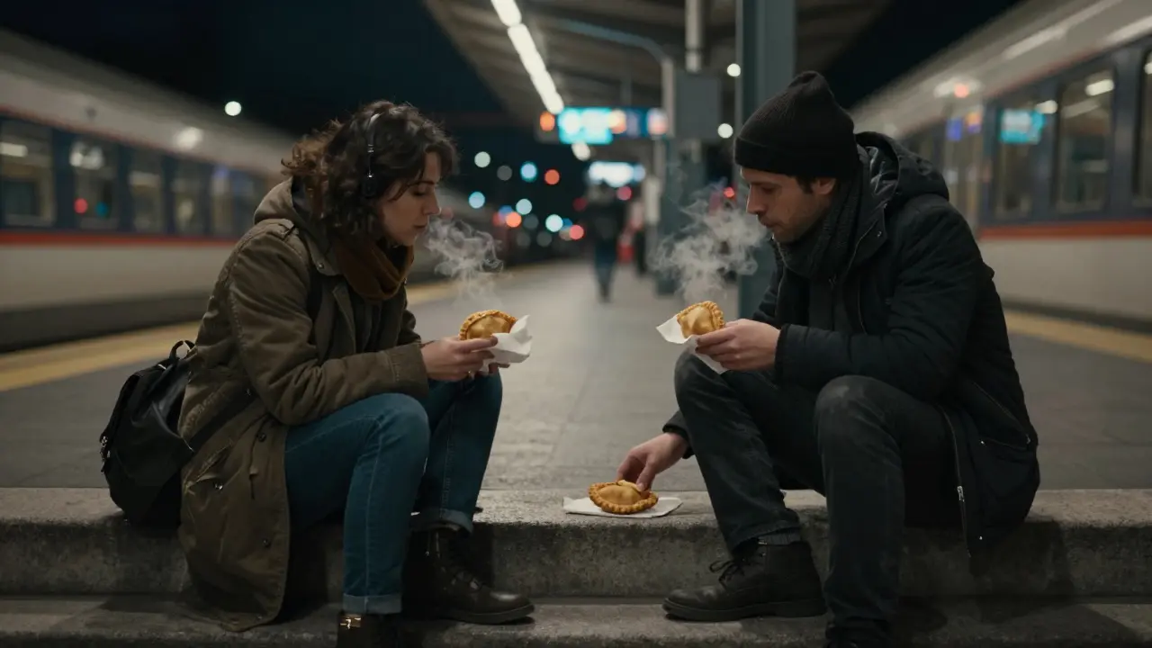 Two people sit on train station steps at midnight, sharing panzerotti as the city sleeps around them.