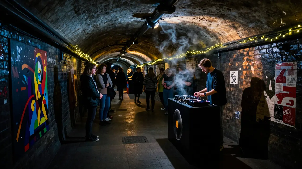 Underground tunnel lit by fairy lights and art installations, a DJ spins vinyl as a small crowd listens intently.