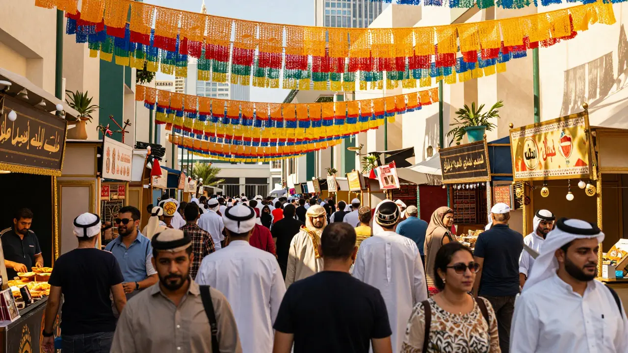 Vibrant Dubai Shopping Festival crowd with colorful stalls and food.