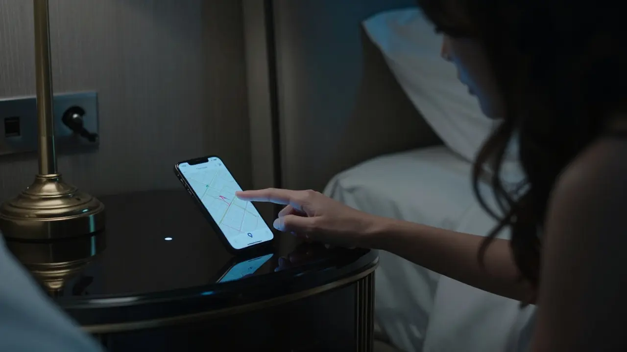 Woman pressing panic button in luxury hotel room with smartphone.