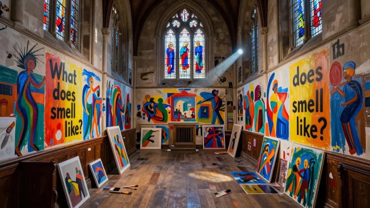 A church nave covered in vibrant, spontaneous oil paintings created by strangers under moonlight streaming through stained glass.