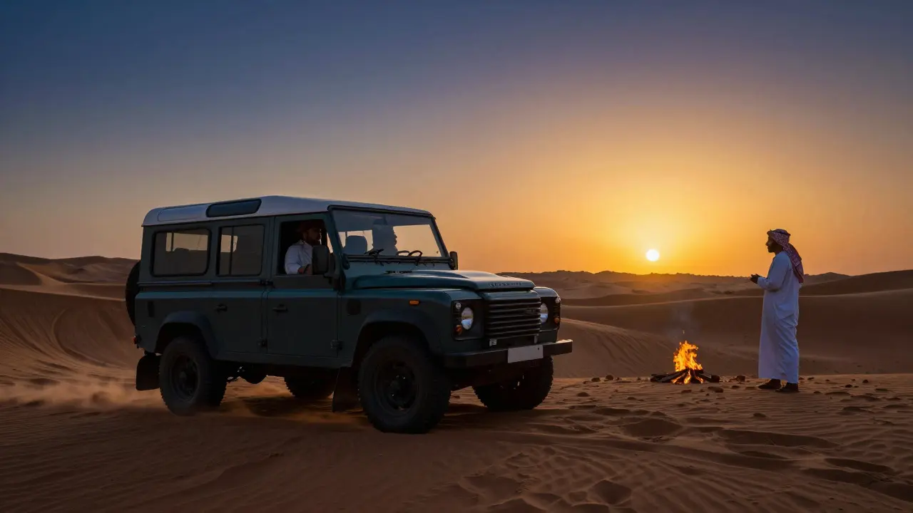 A client and companion riding in a luxury vehicle across desert dunes at sunset, near a traditional Bedouin campfire.