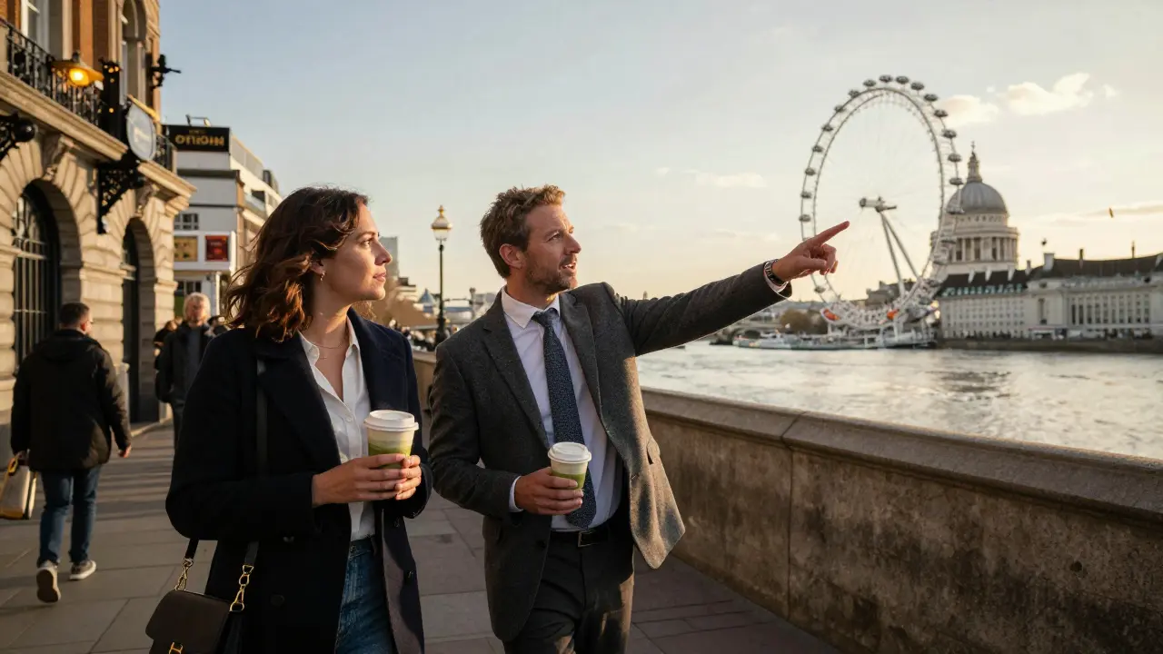 A companion and client walking along the Thames at sunset, enjoying the city view.