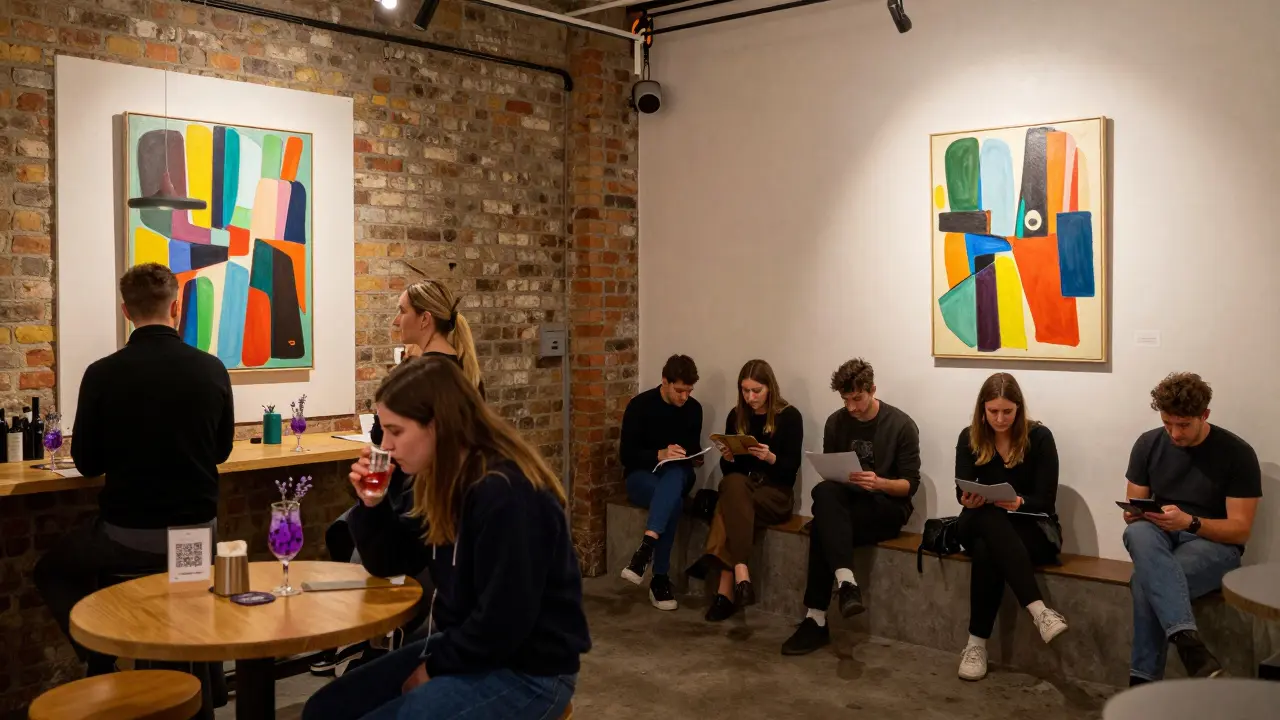 A converted warehouse gallery-bar where guests sip gin and read artist statements from QR codes on drink coasters.