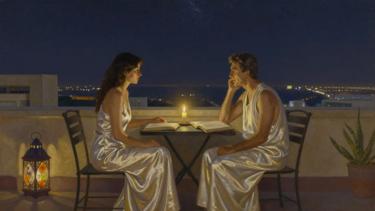 A couple in a private rooftop garden at night, reading poetry beside a hand-painted lantern under the stars.