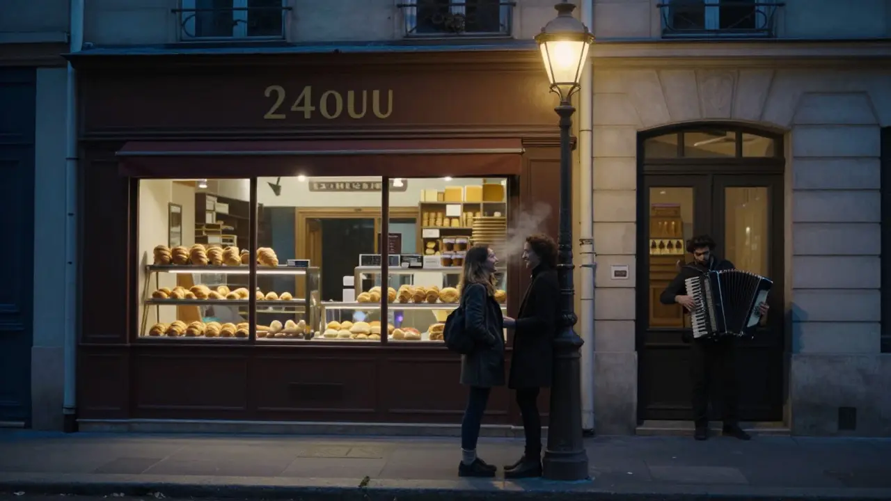 A couple laughing under a streetlamp in Paris at 3 a.m., with a bakery glowing nearby.