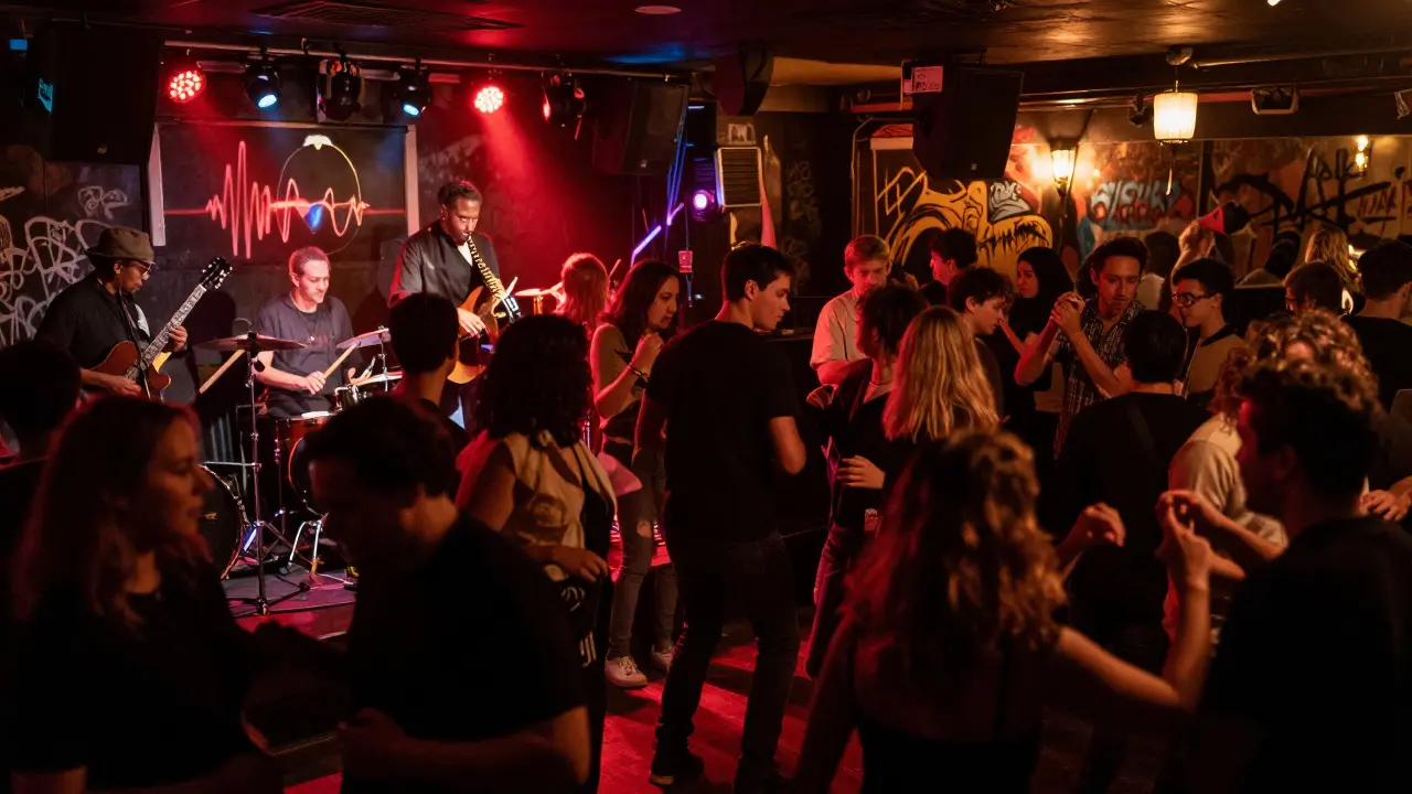 A crowded basement jazz club with live musicians and dancers under warm stage lights.