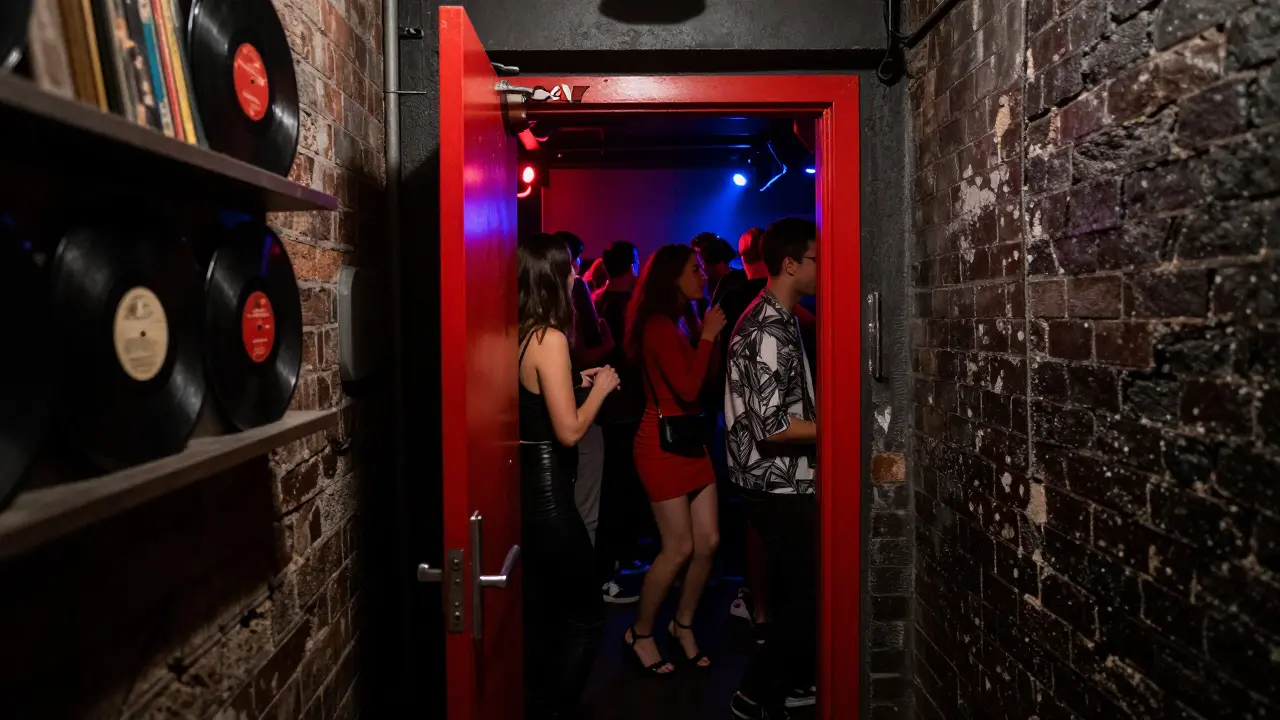 A hidden nightclub entrance with a red door glowing faintly, revealing a crowd dancing under strobe lights.