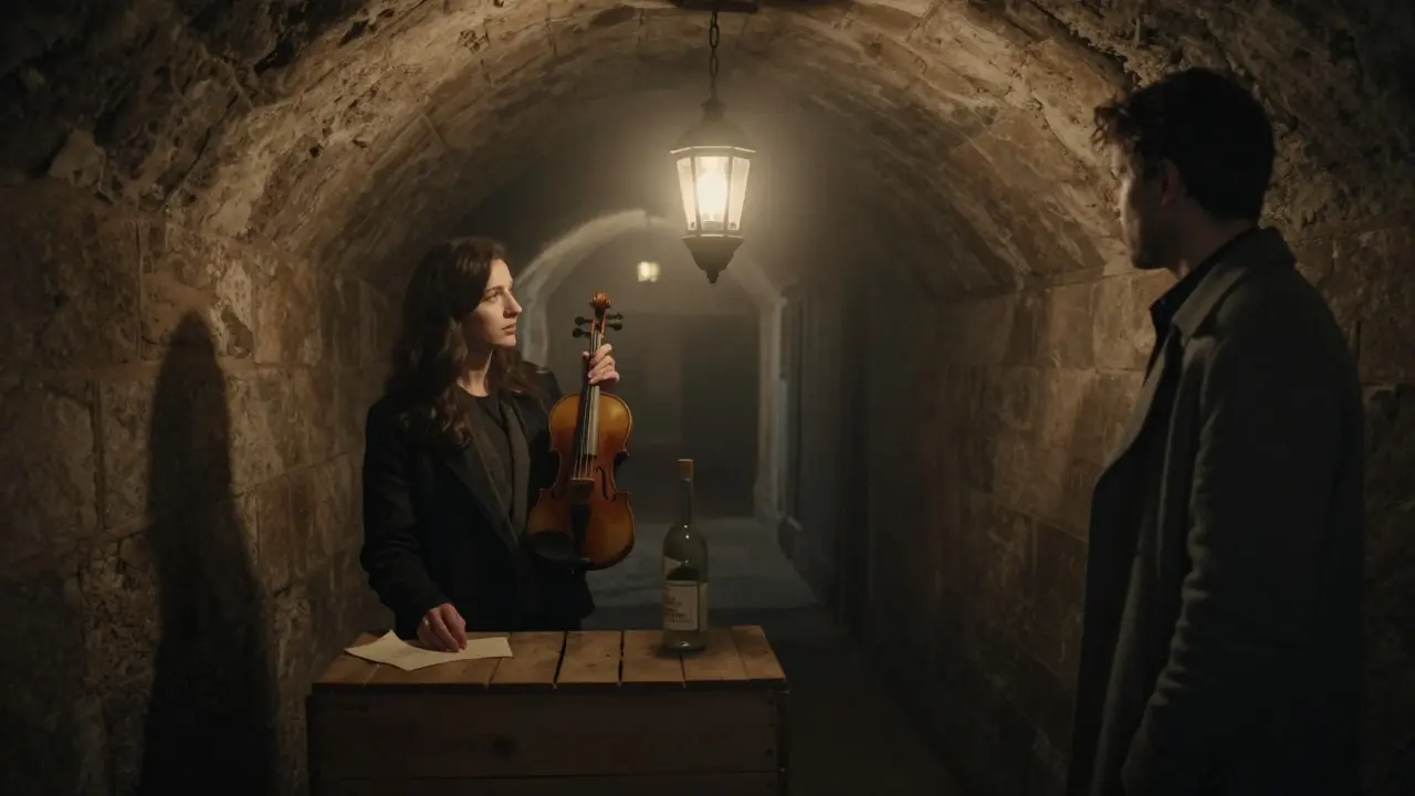 A hidden underground market lit by a swinging lantern, where a violin is traded for absinthe in the quiet dark.