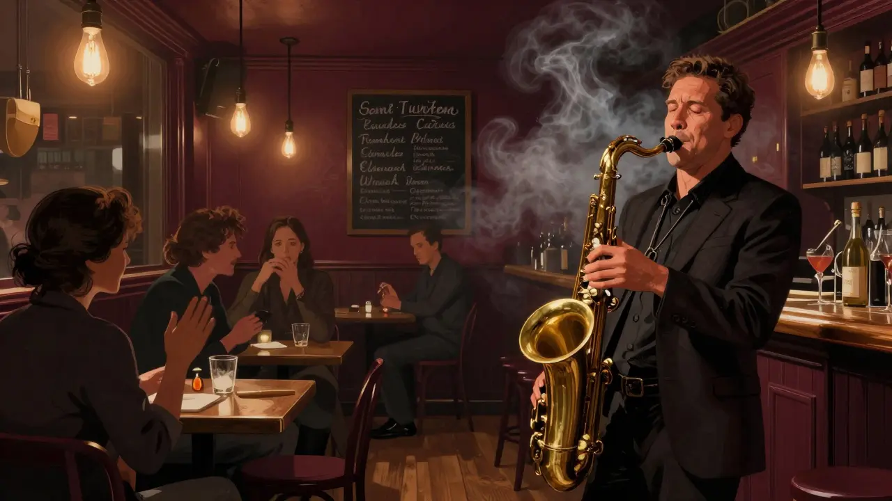 A jazz cellar in Saint-Germain with musicians playing live, patrons swaying to the rhythm in smoky, warm light.