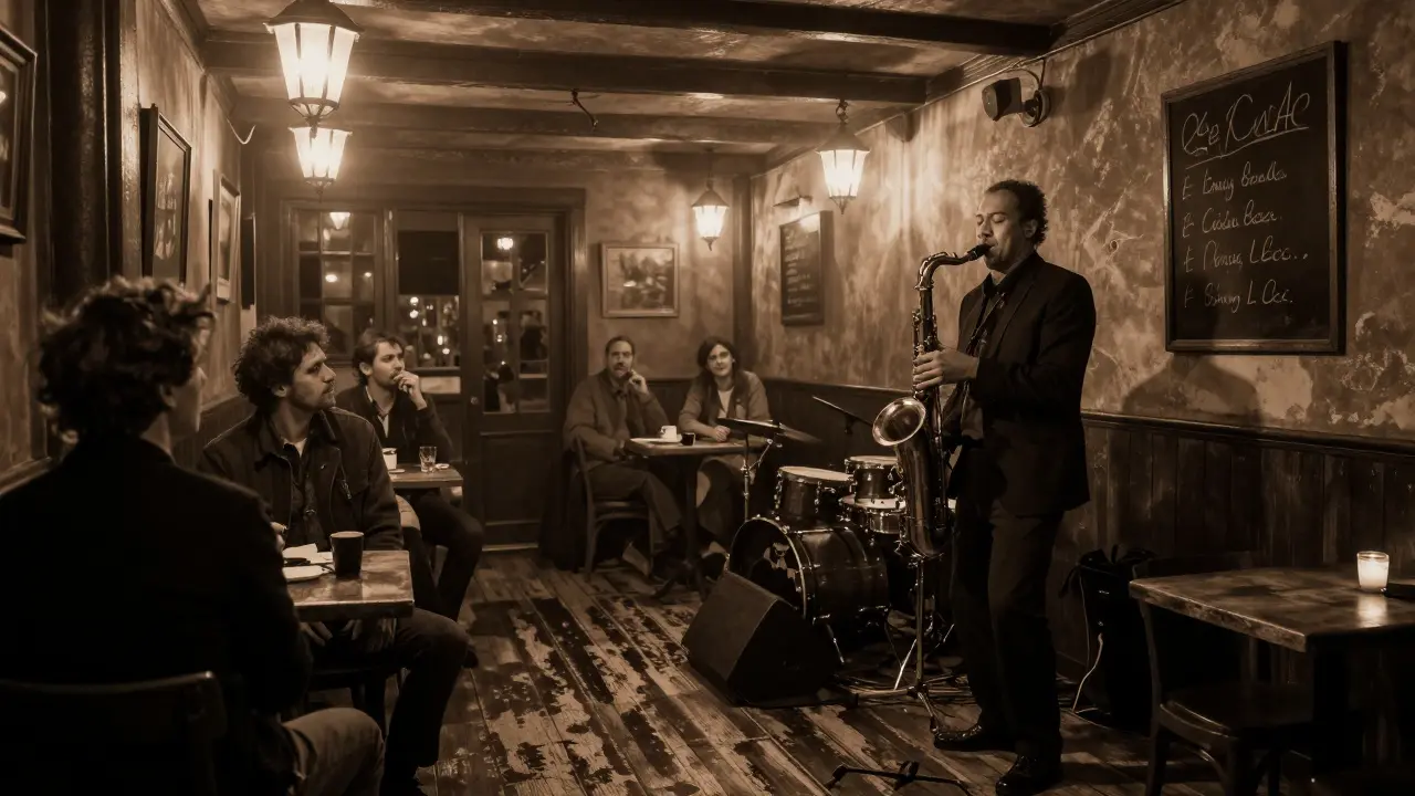 A jazz musician playing in a smoky Parisian club as patrons listen intently.