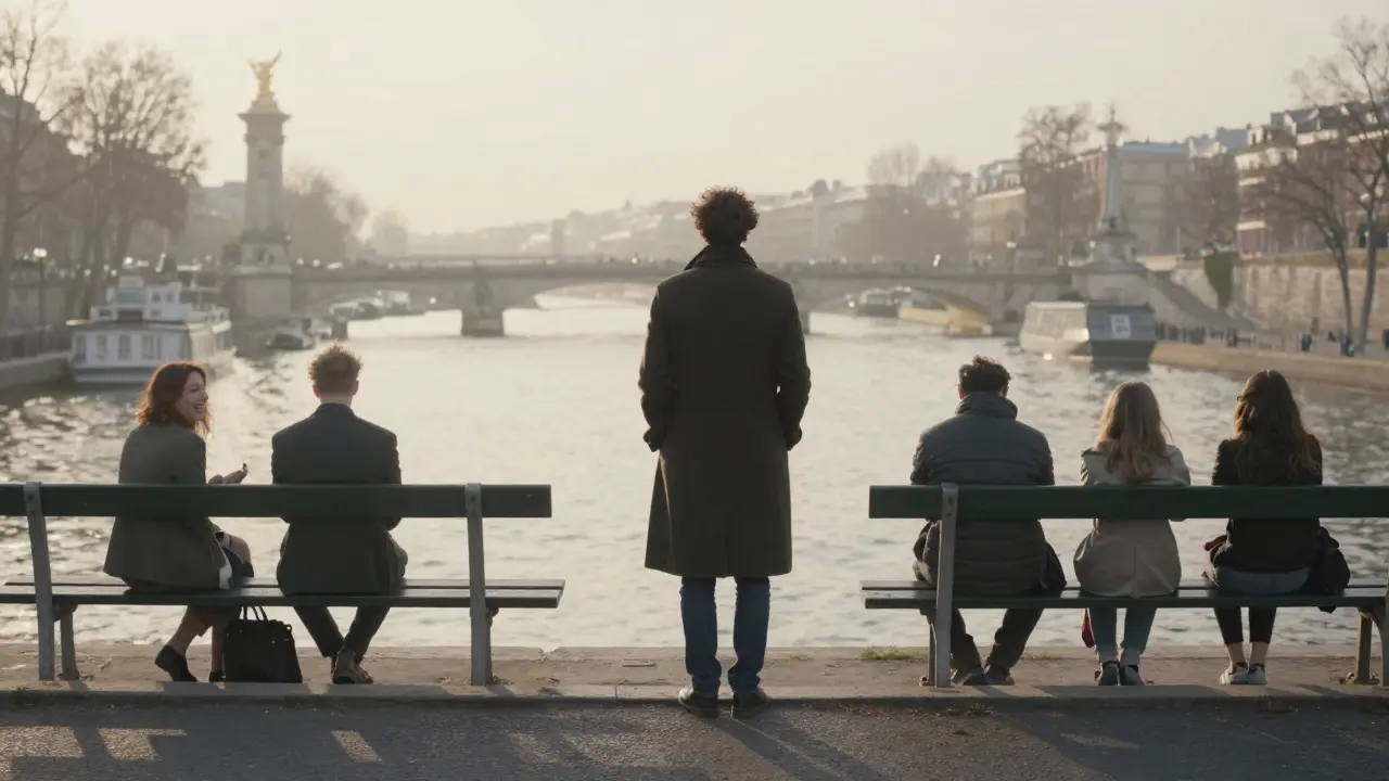 A lone figure at sunrise on Pont Alexandre III, ghostly silhouettes reflected in the Seine, symbolizing hidden human connections.