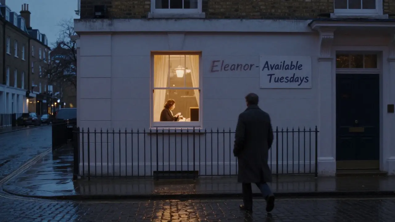 A lone figure walks away from a quiet London apartment as someone looks out a window.