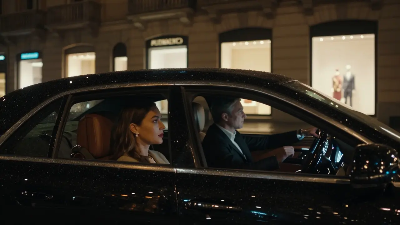 A luxury car glides through rainy Milan at night, interior softly lit, with a woman and client seated in quiet companionship.