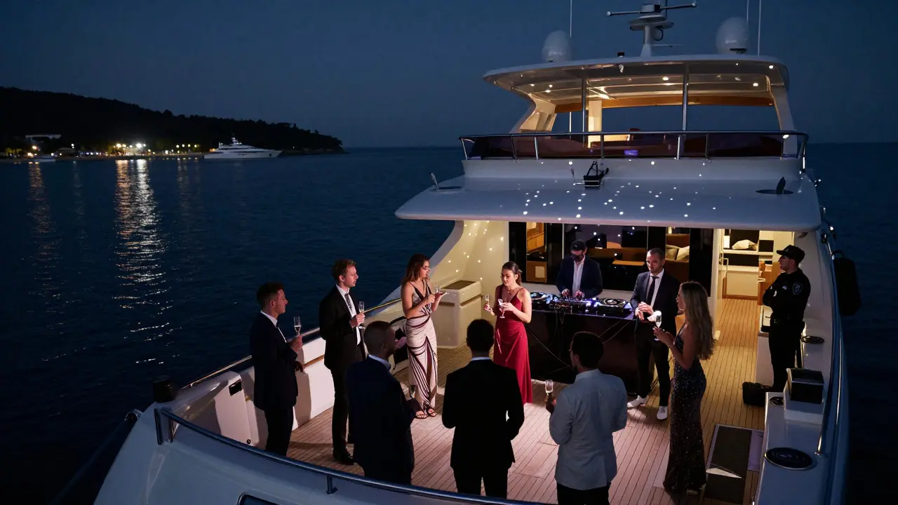 A luxury yacht at dawn, guests dancing on deck as the coastline sparkles like diamonds.