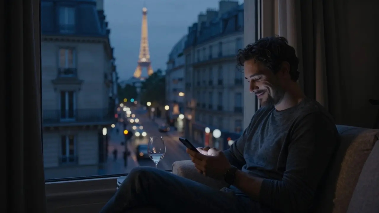 A man alone in a Paris apartment at night, smiling as he texts, the Eiffel Tower glowing in the distance.