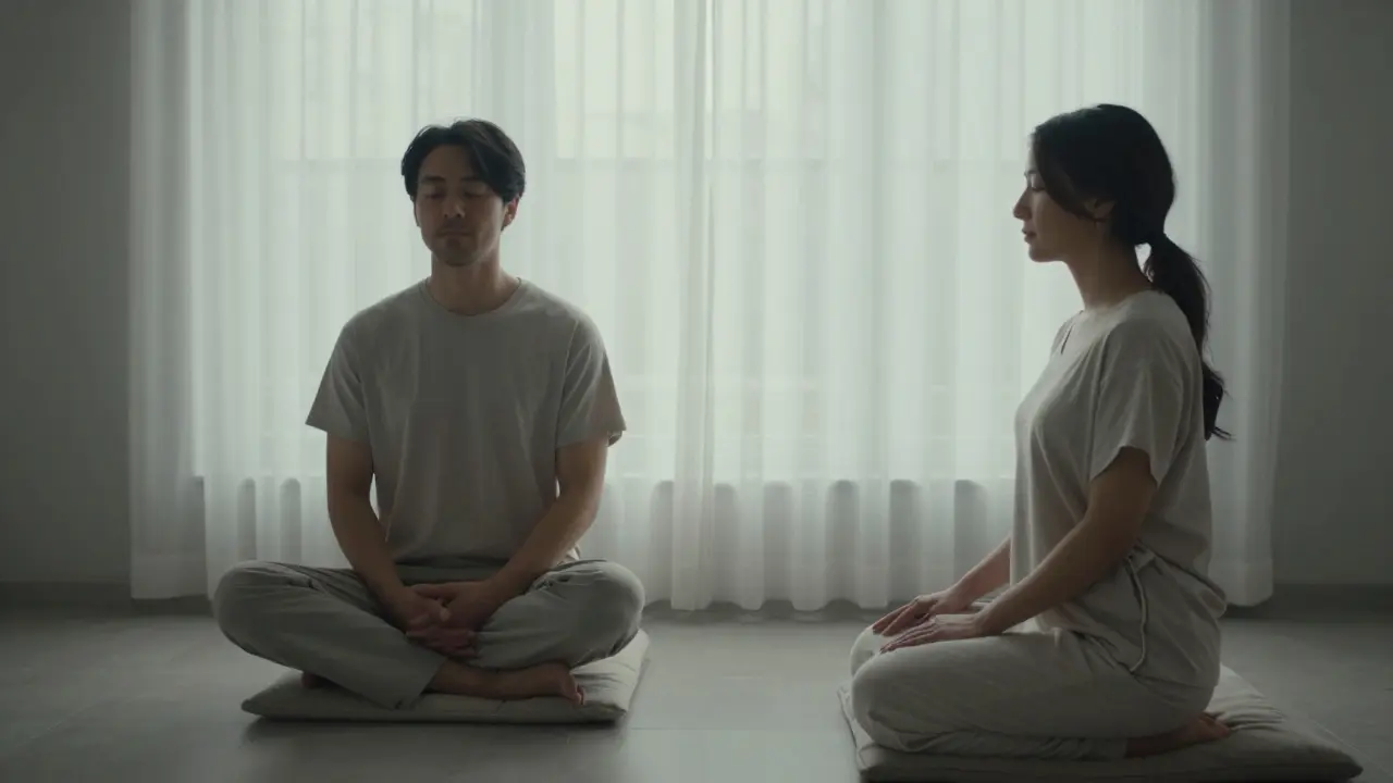 A man and woman sitting in silent meditation together in a minimalist spa room at dawn, no touch, only presence.