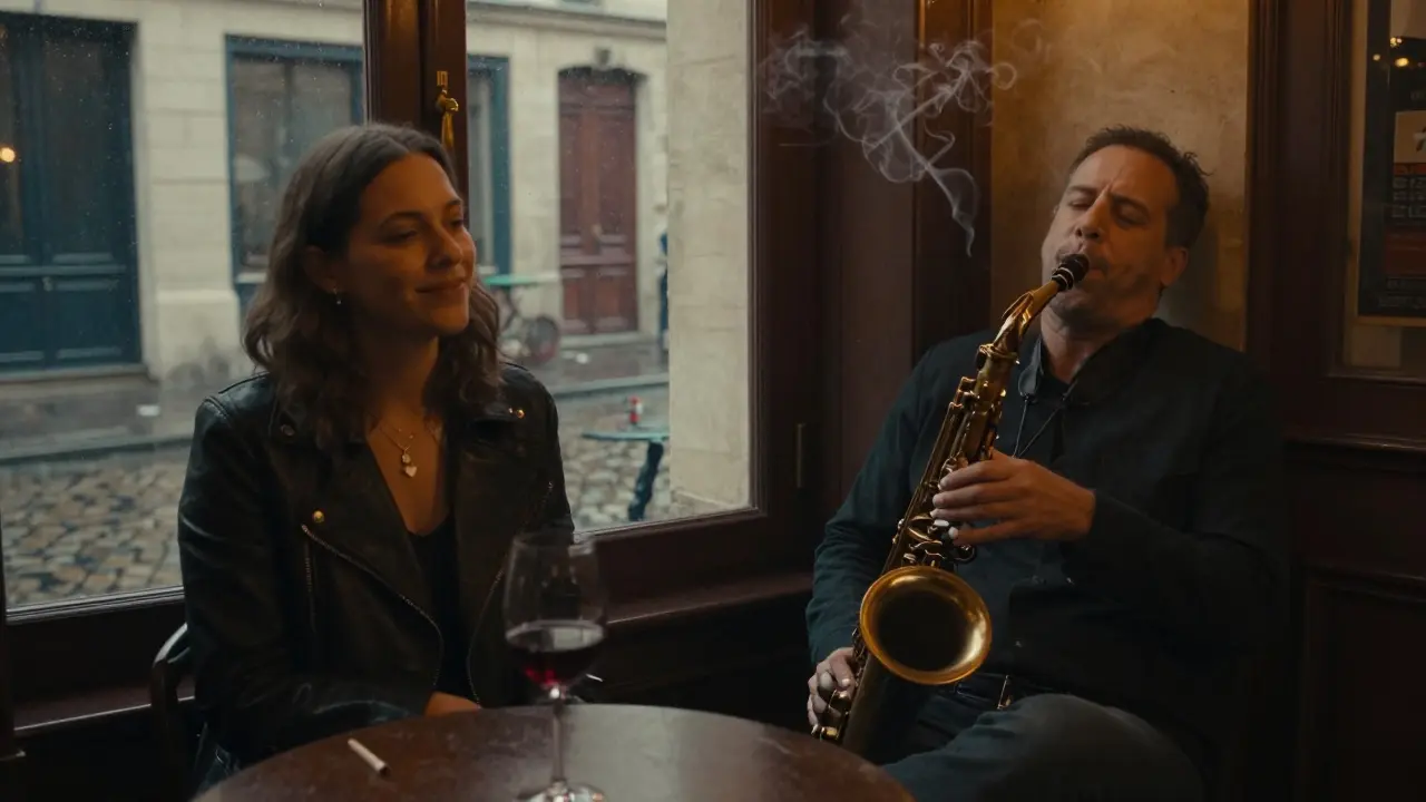 A man at a dim jazz bar in Le Marais, eyes closed, listening to music as rain falls outside the window.