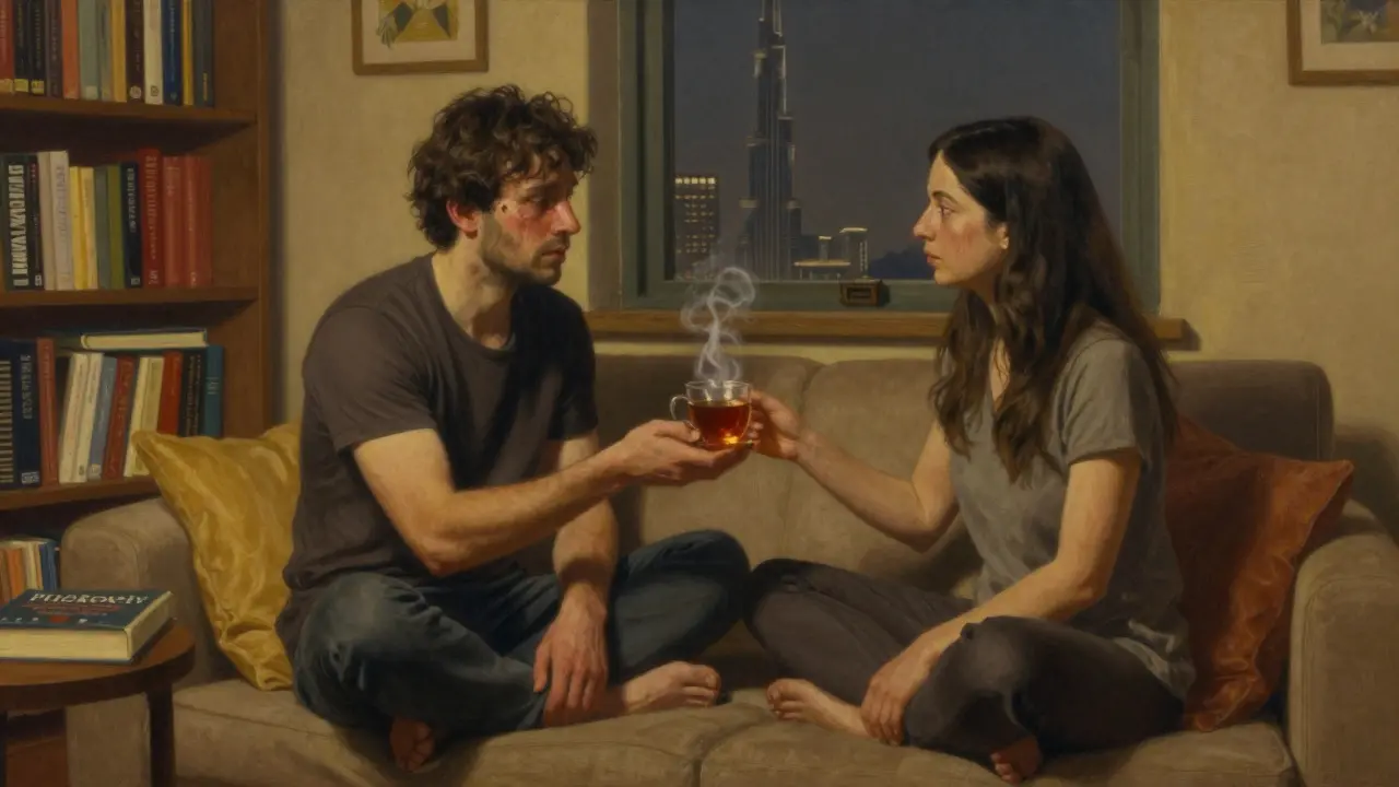 A man cries as a woman offers him tea in a softly lit apartment, books visible in the background.