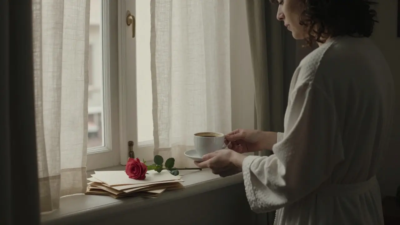 A morning moment in a Brera apartment, a woman offering coffee with a rose on the windowsill, soft natural light.