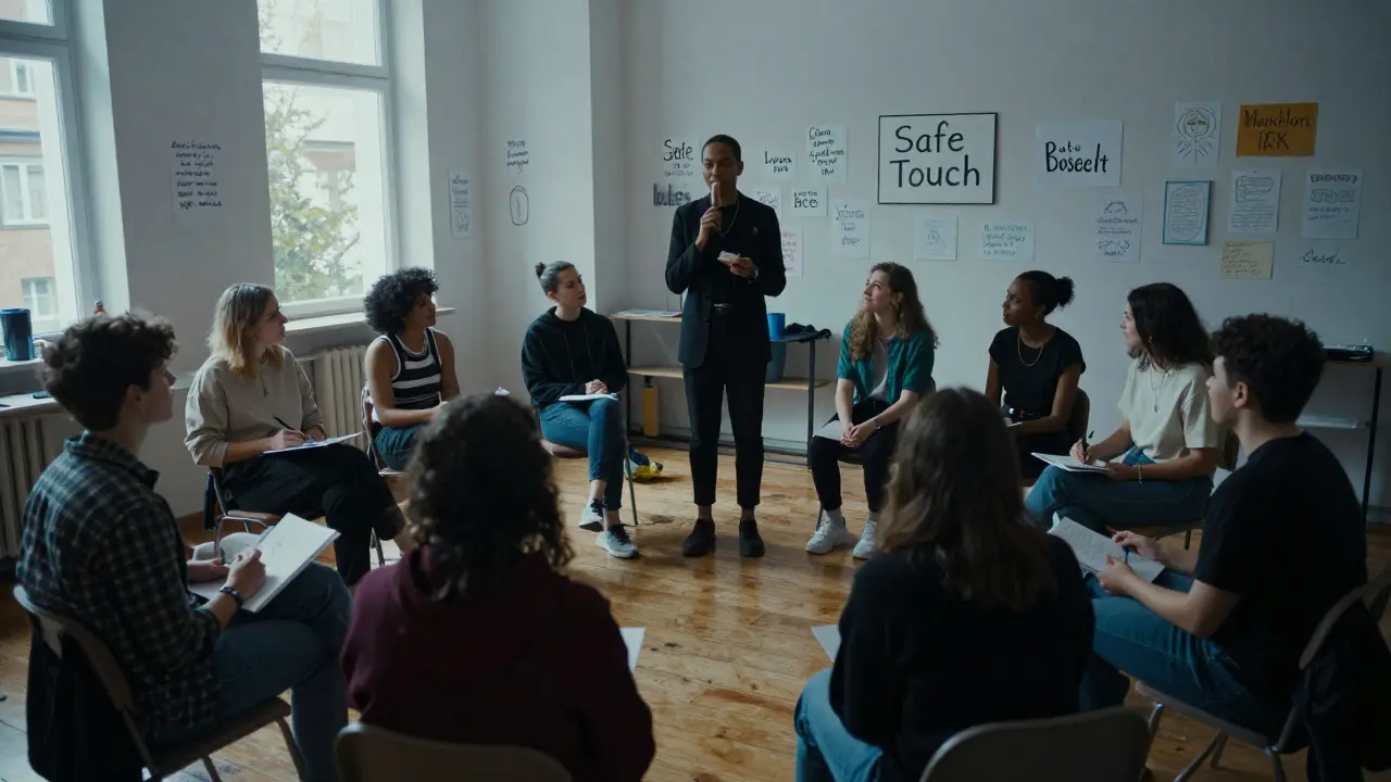 A nonbinary escort leads a consent workshop for queer youth in a warmly lit community center.