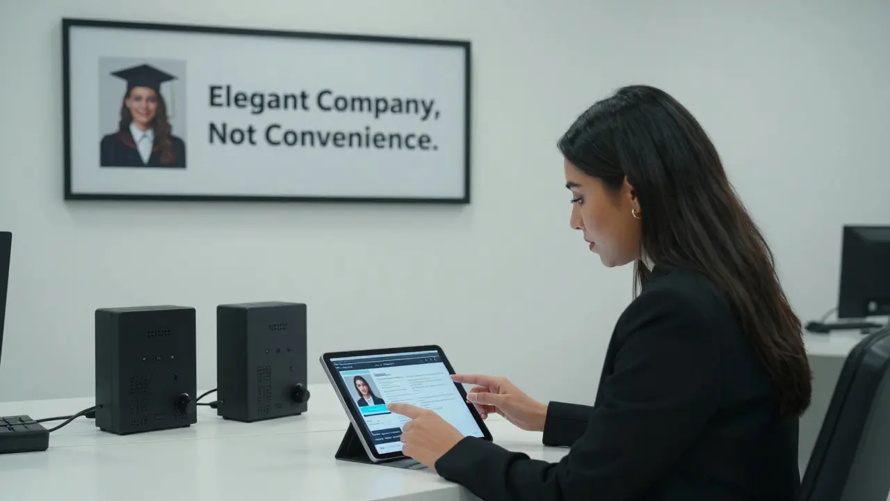 A professional agency representative reviewing vetted escort profiles in a minimalist office.