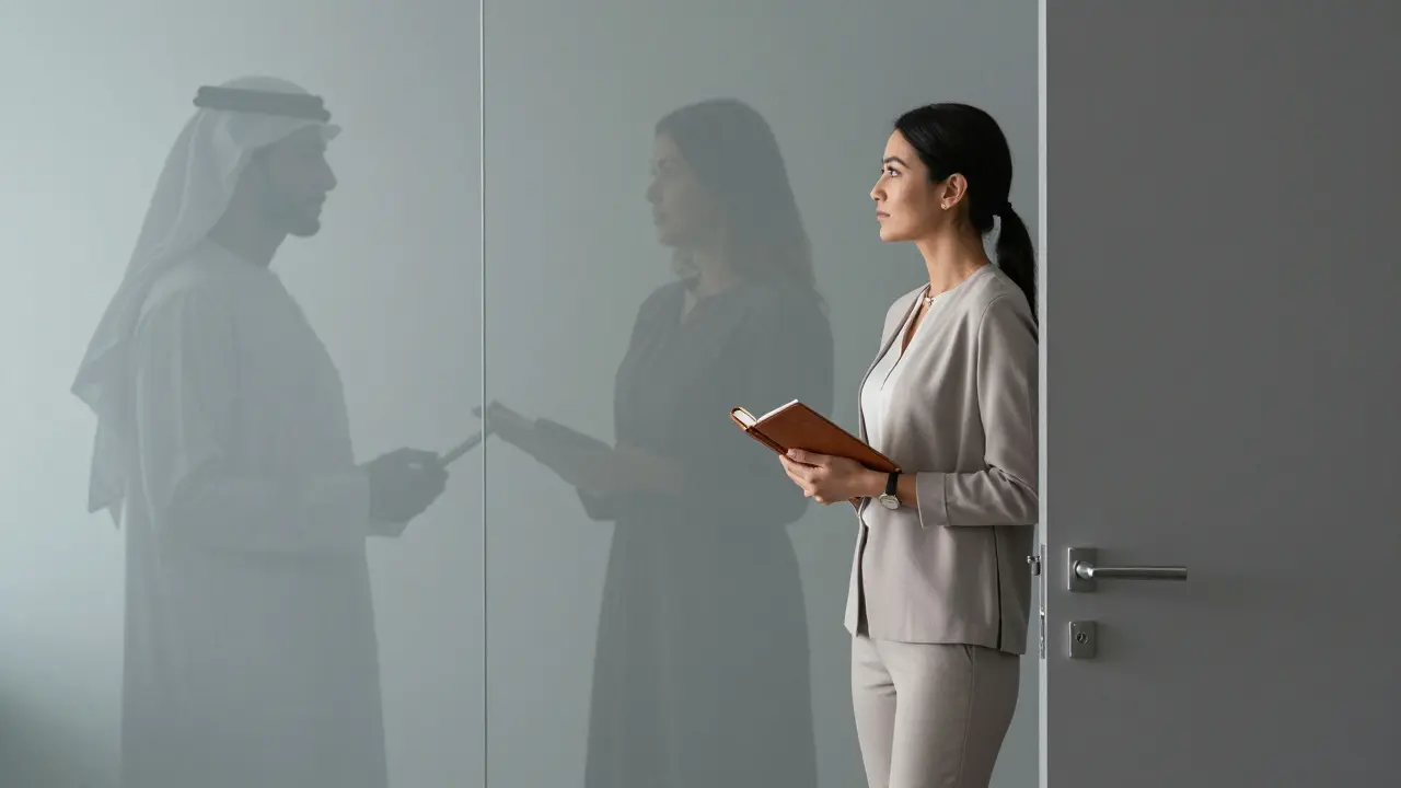 A professional woman holds a notebook as faint reflections of three culturally distinct clients appear in a mirror behind her, conveying quiet cultural awareness.