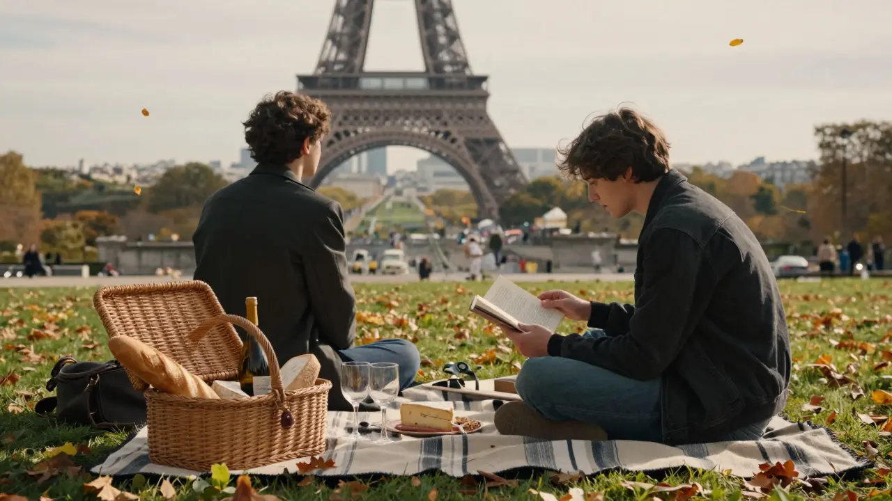 A quiet picnic on the Trocadéro lawn with wine, bread, and poetry, overlooking the Eiffel Tower.