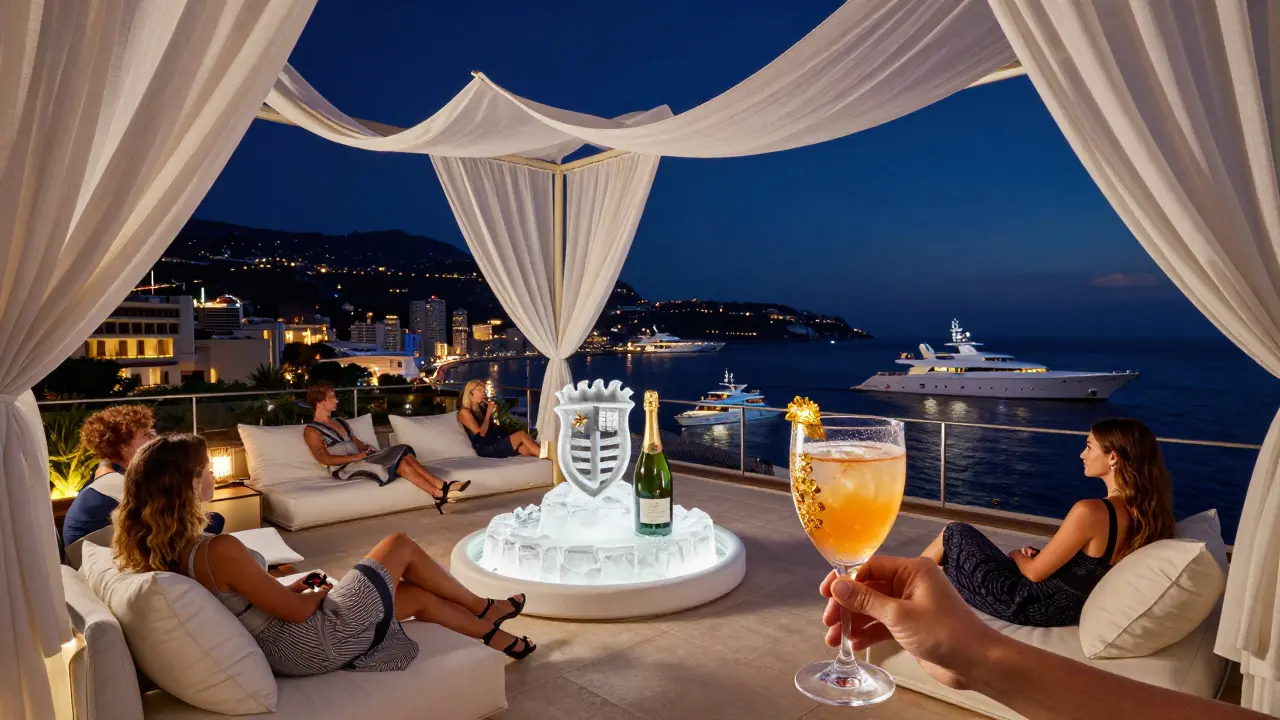 A rooftop terrace with champagne ice sculptures and superyachts glowing below at night.