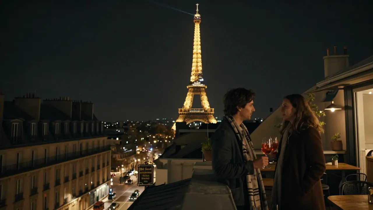 A rooftop view of the sparkling Eiffel Tower at night, two people sharing a drink as the city glows below.