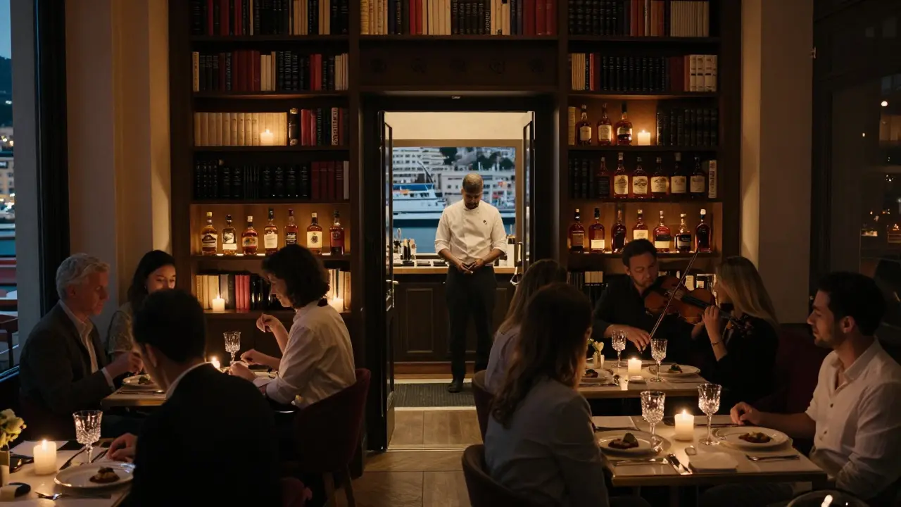 A secret underground lounge behind a bookshelf, lit by candles, with guests enjoying fine drinks and live violin music.