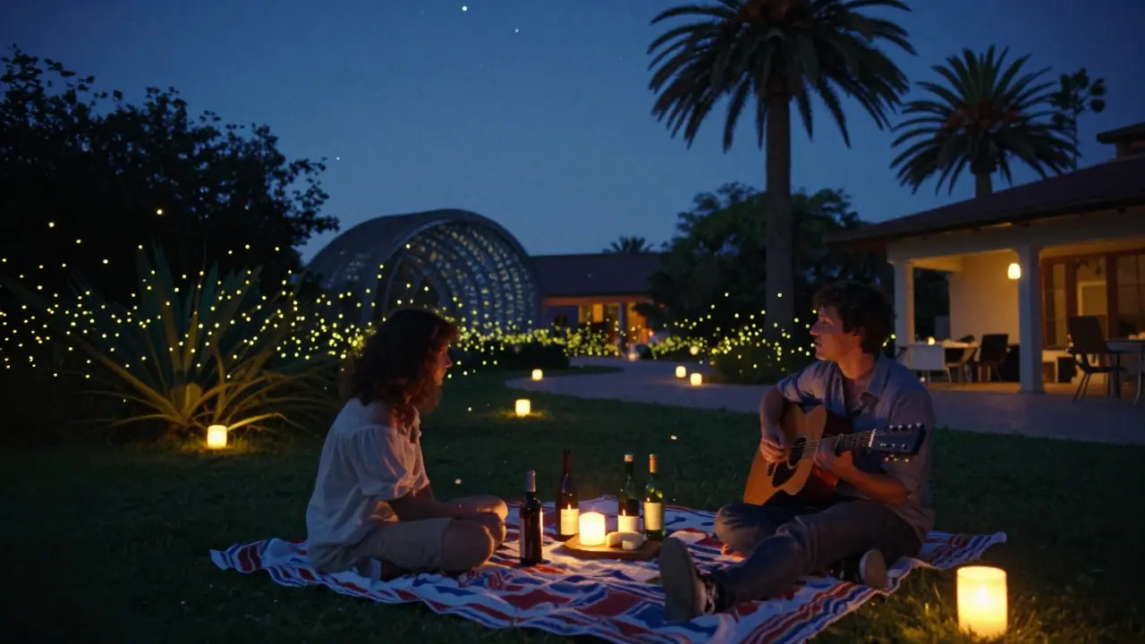 A serene garden at night with lanterns, fireflies, and couples relaxing on blankets under starry skies.