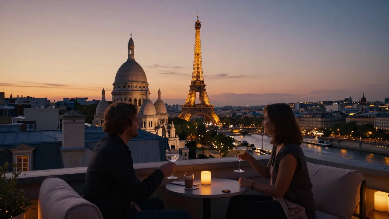 A serene rooftop terrace at sunset with panoramic views of the Eiffel Tower and Montmartre, couples sipping drinks in soft light.