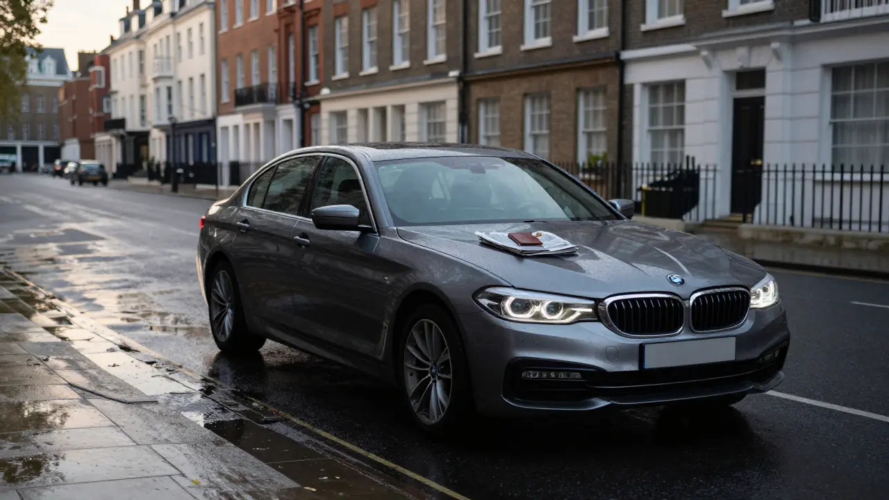 A sleek black BMW 5 Series drives silently through empty London streets at dawn, reflections on wet pavement, no personal items visible inside.