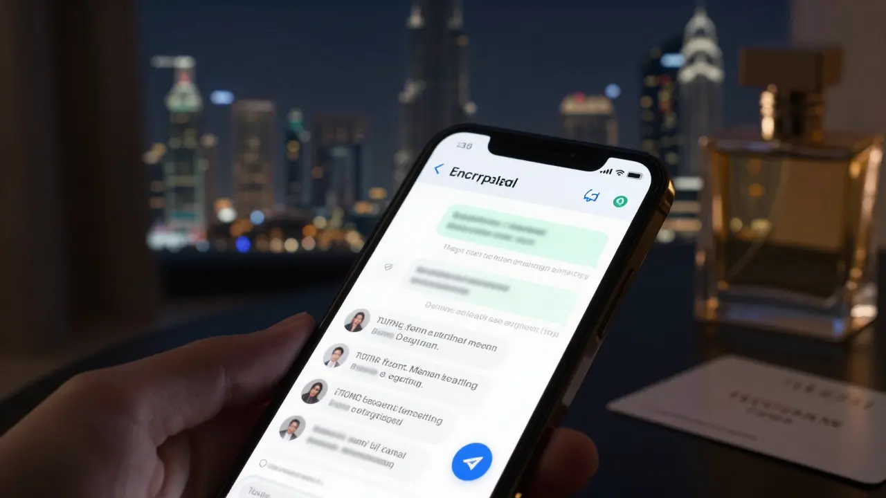A smartphone displays encrypted messages about a discreet meeting in Dubai.