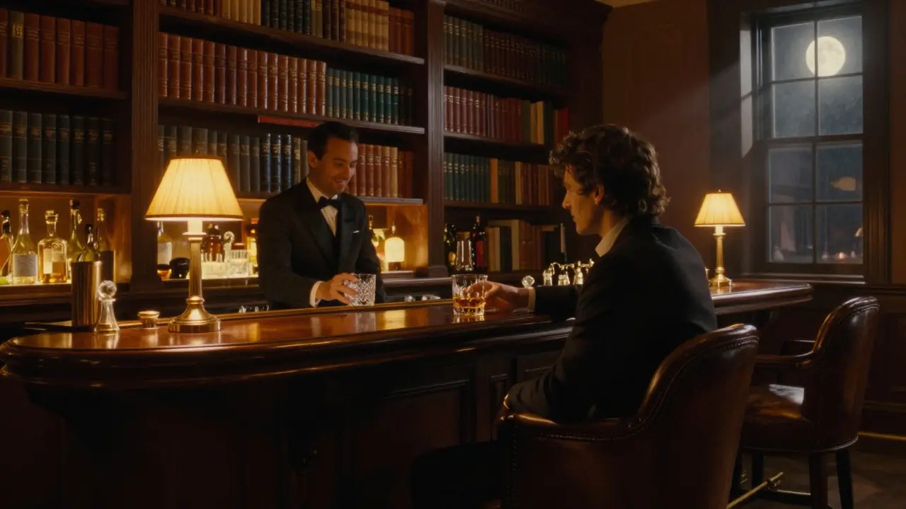 A solo traveler sipping whiskey in a dimly lit library bar surrounded by bookshelves and warm lighting.