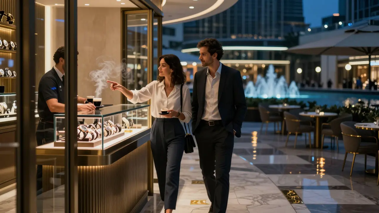 A sophisticated companion and client walking through the Dubai Mall, approaching a hidden café near luxury watch boutiques.