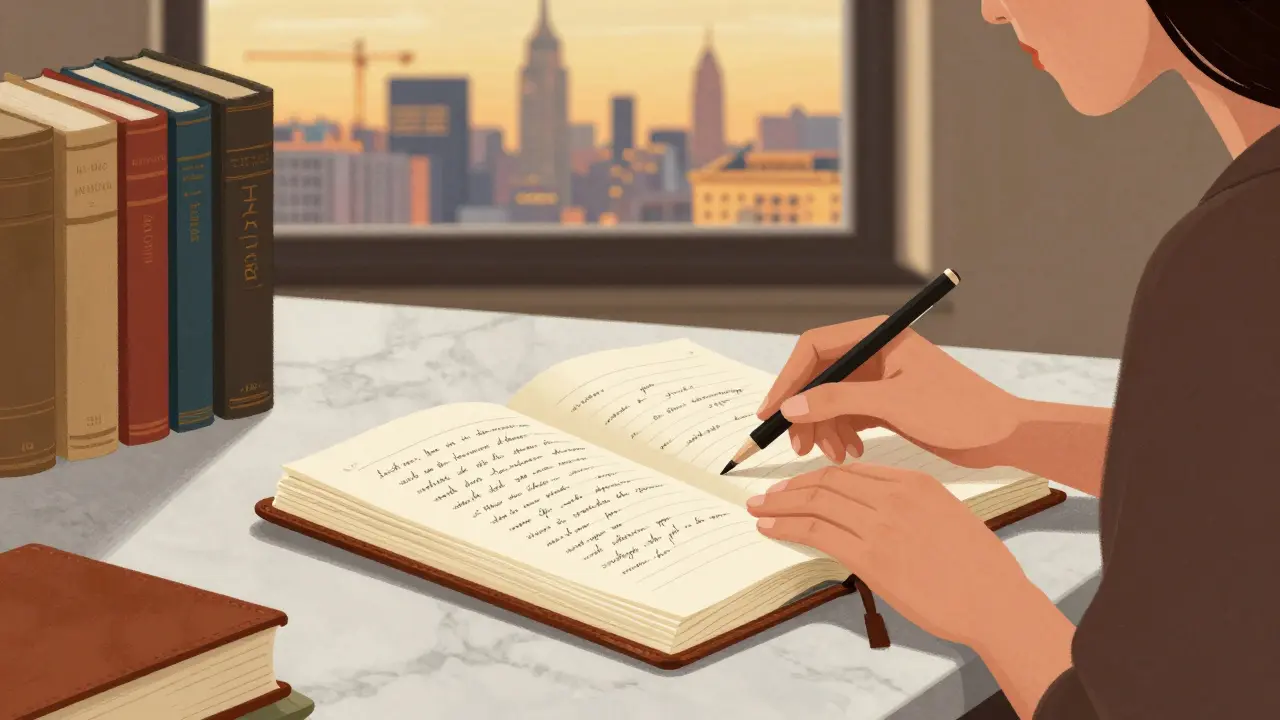 A sophisticated woman studies art history books in a quiet Milanese library, golden dusk light filtering through the windows.