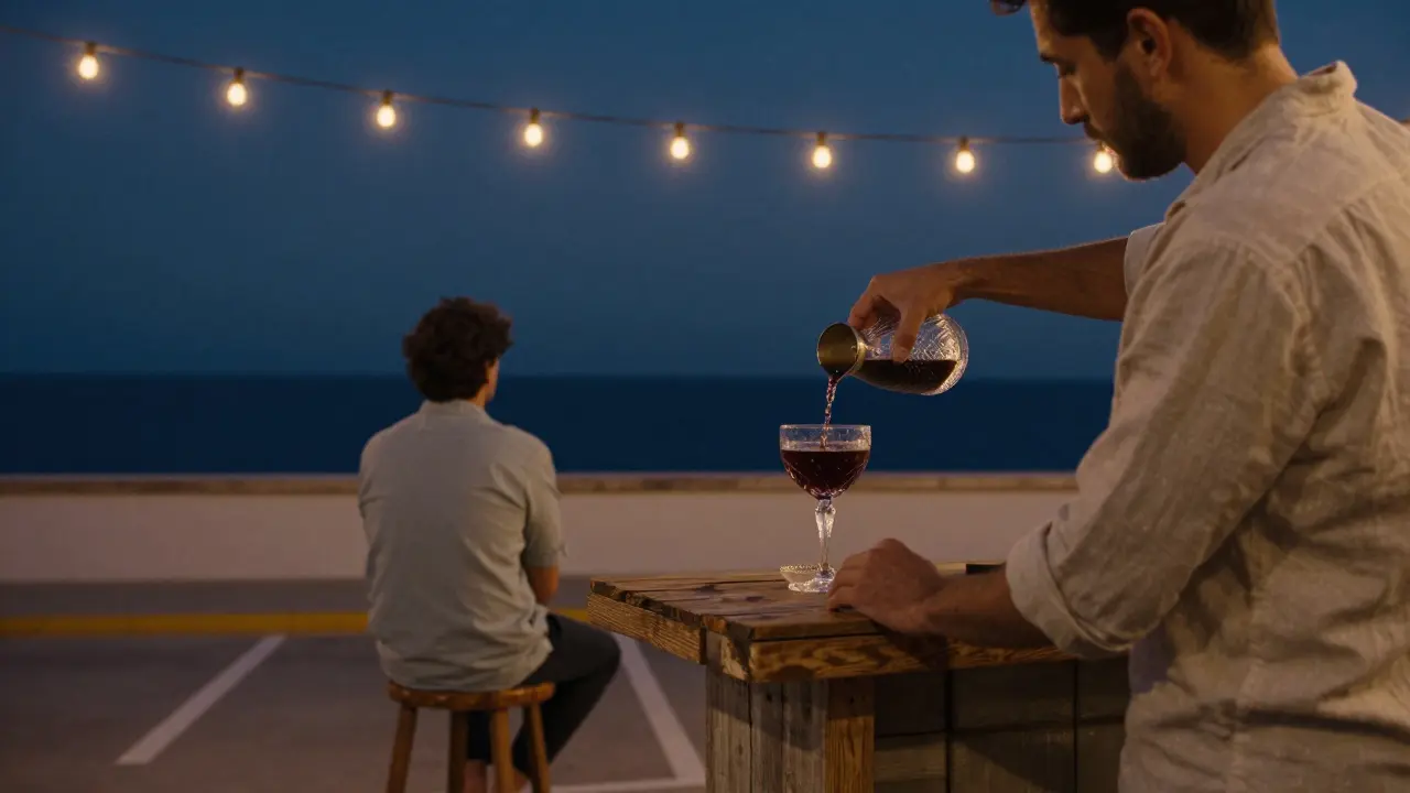 A starlit rooftop bar with string lanterns, where a bartender pours a mysterious cocktail as the sea whispers below.