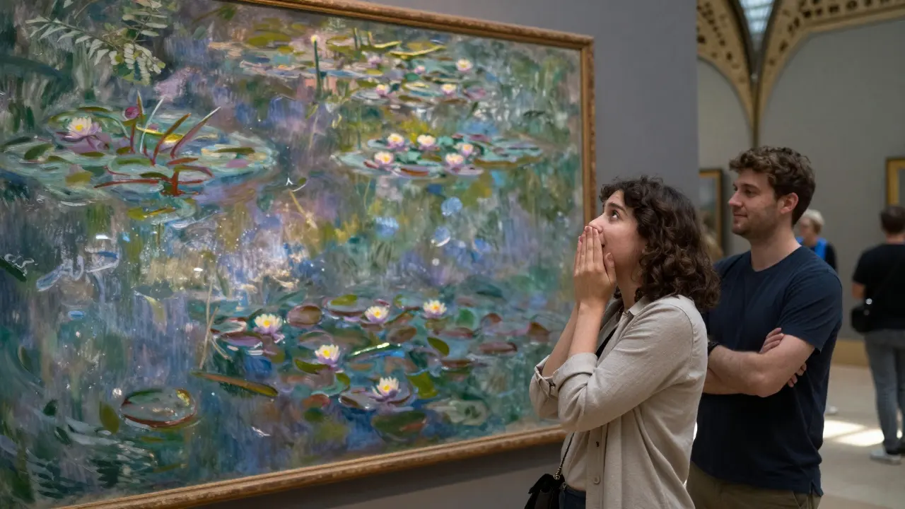 A visitor stands before Monet's Water Lilies in the Musée d’Orsay, accompanied by a thoughtful companion.