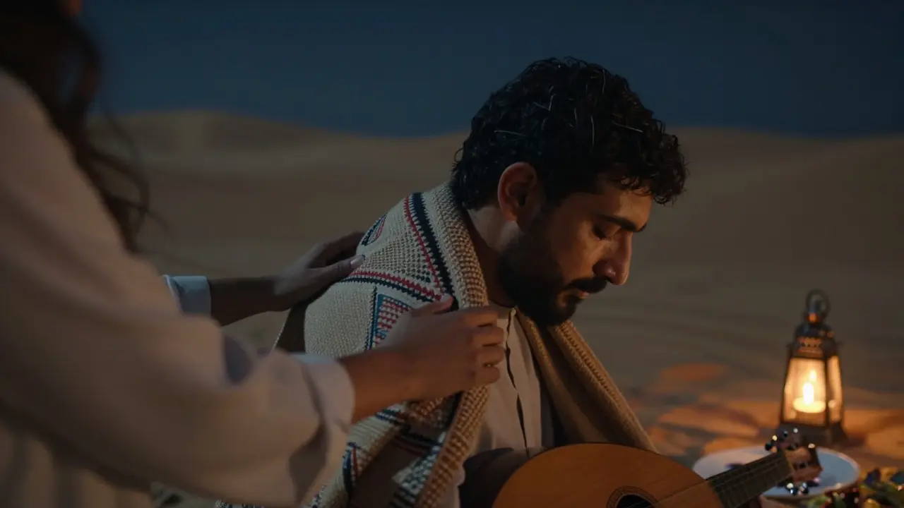 A woman gently drapes a traditional Emirati wool blanket over a man during a desert dinner, firelight casting soft shadows, no words needed.