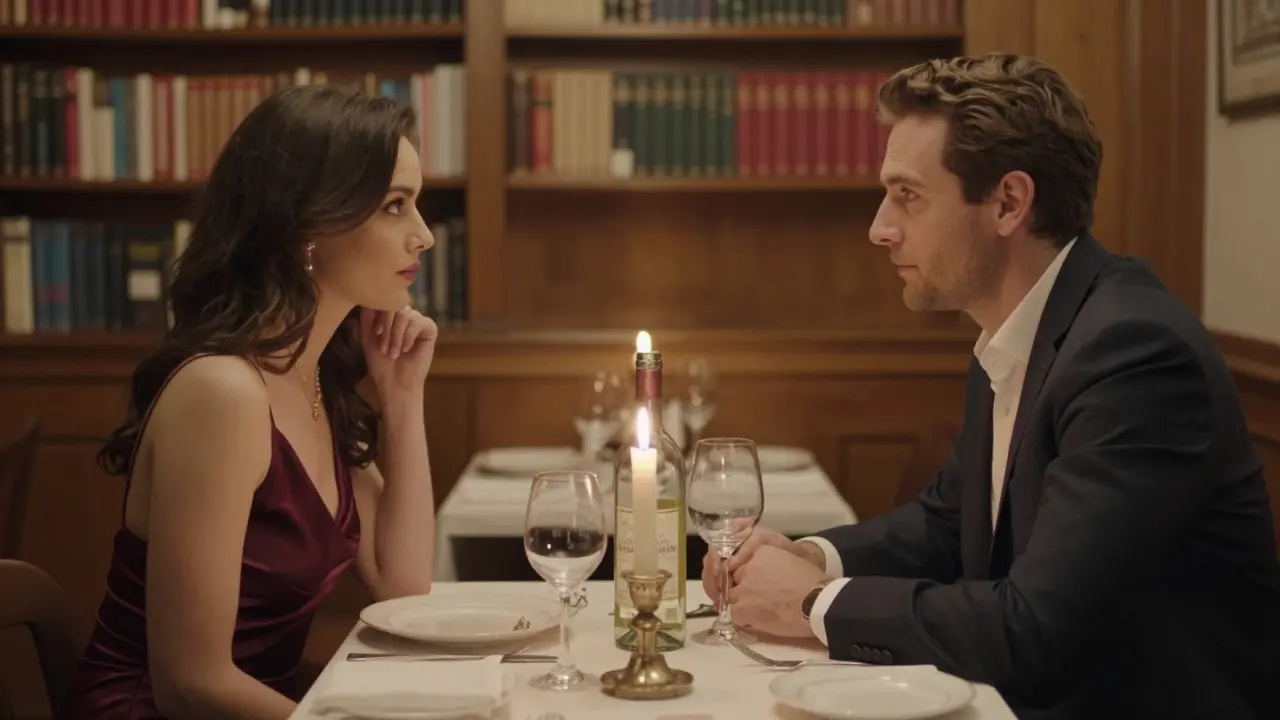 A woman in a burgundy silk dress and a man in a suit share a quiet dinner in a dimly lit private restaurant, candlelight, no physical contact, books visible in the background.