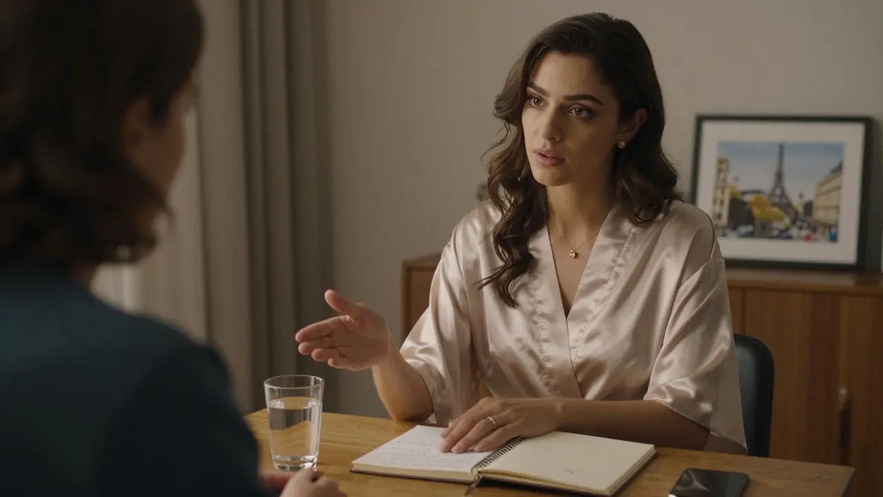 An escort and client in a softly lit room, discussing boundaries with a handwritten note on the table.
