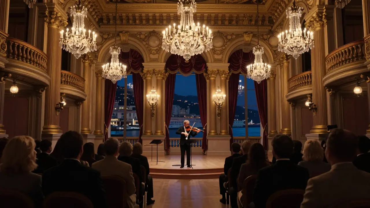 An opulent opera house interior with a live classical performance and crystal chandeliers casting golden light.