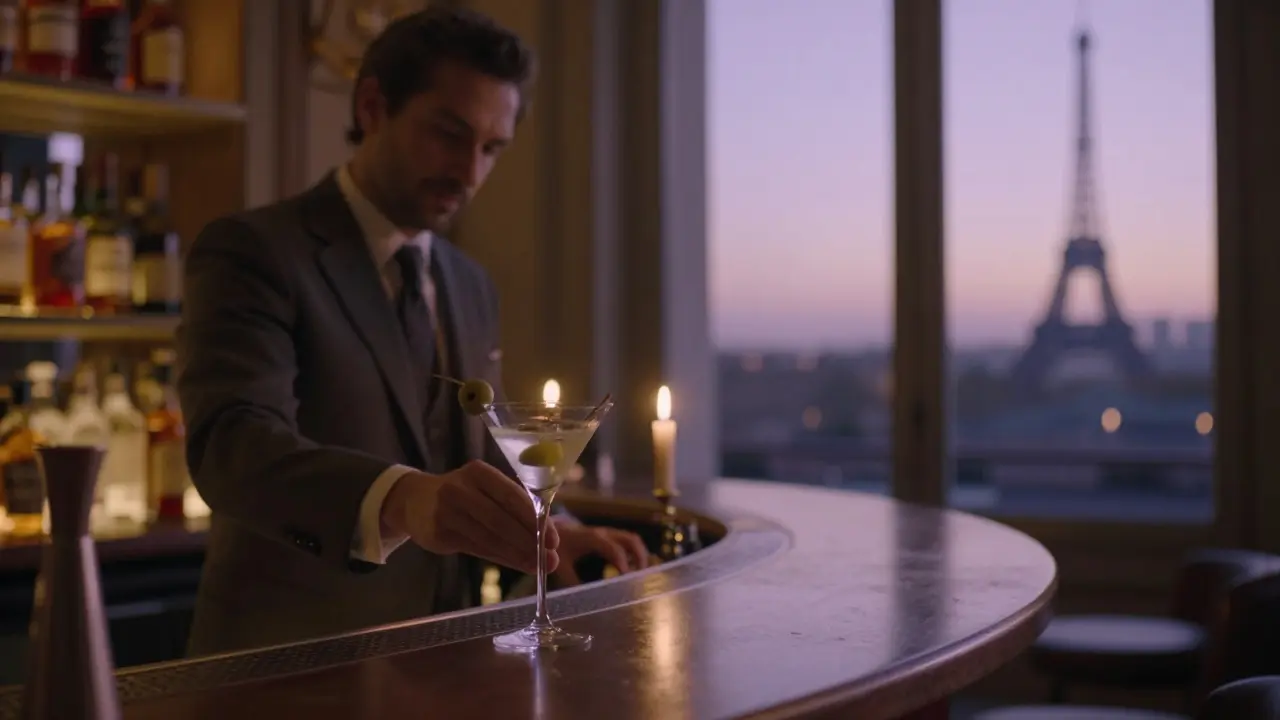 Bar de l’Hôtel de Paris at dawn, a bartender polishing a martini glass by candlelight.