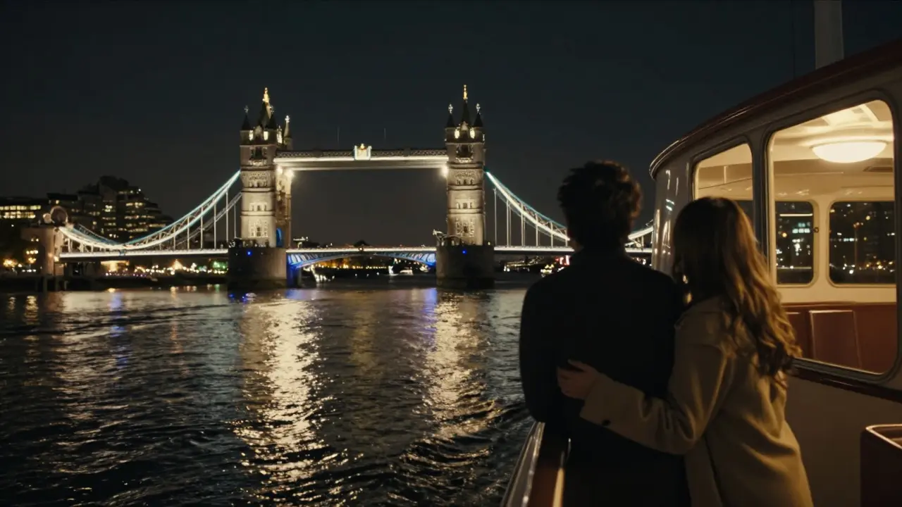 Couple on a river boat viewing illuminated London landmarks at night.