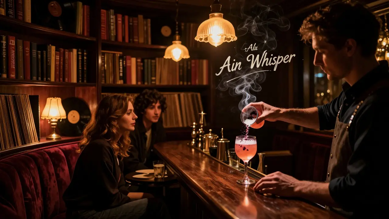 Cozy hidden speakeasy bar with dim lighting, vinyl records, and a bartender mixing a unique cocktail behind a bookshelf.