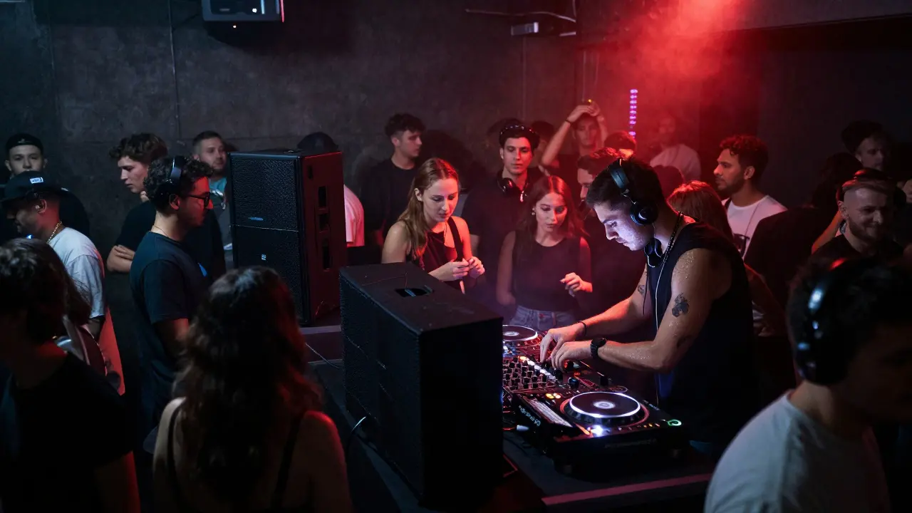Crowded basement club with pulsing lights and dancers moving to live music, no phones visible, intense bass vibrations in the air.