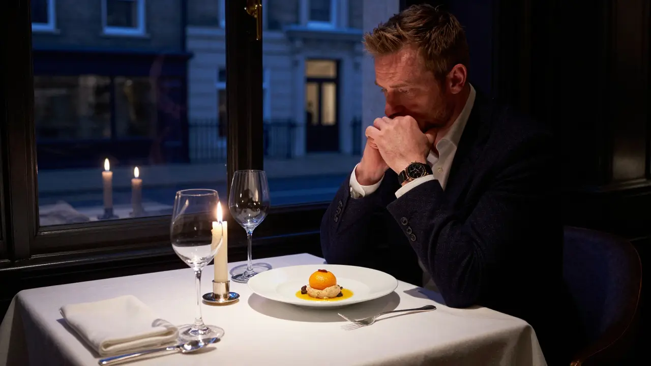 Diner at Dinner by Heston Blumenthal contemplating 'Meat Fruit' under candlelight in a luxury setting.