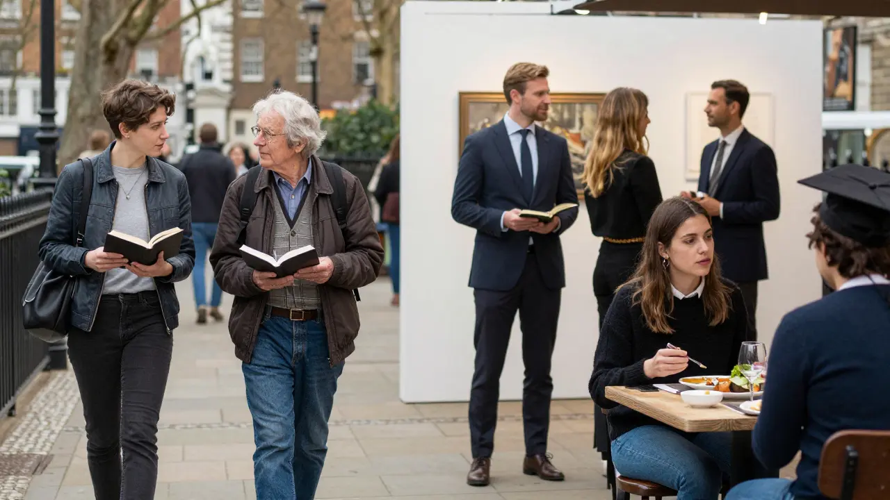 Diverse escorts in London engaging with clients at a gallery, park, and bistro.